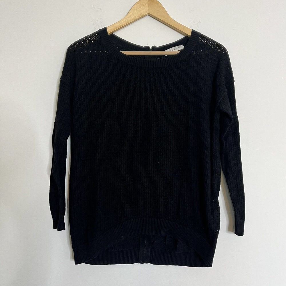 Sandro Womens‎ Sweater Back Zip Scoop Neck Open Knit Black Cotton Size 1 Paris